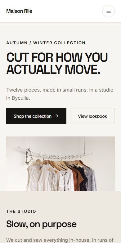 Maison Rilé website on mobile — real screenshot of the live concept site